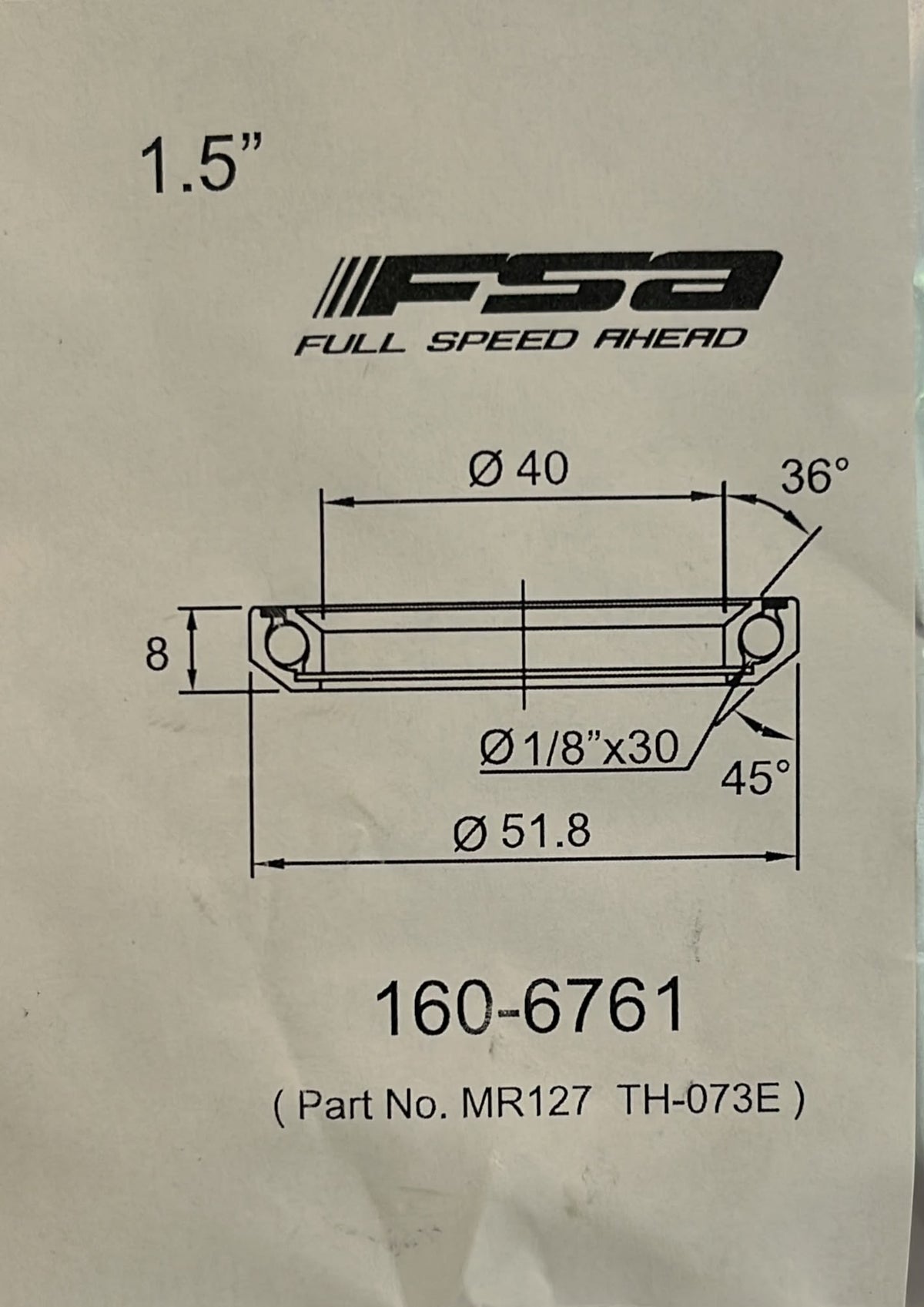 FSA Headset Bearings 1.5 MR127 (TH-073E) 40*51.8*H8